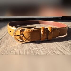 Genuine Leather Belt Tan Cognac Two Tone Gold Buckle Size S Women Unisex